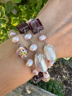 Pink Freshwater Pearl Foil and Purple Glass Bead Multi-Layer Bracelet 925 Clasp